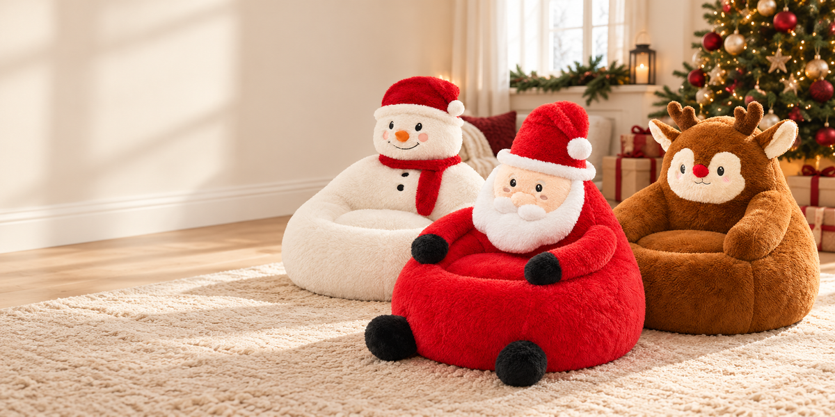 Santa, snowman and reindeer plush chairs in a warm Christmas living room
