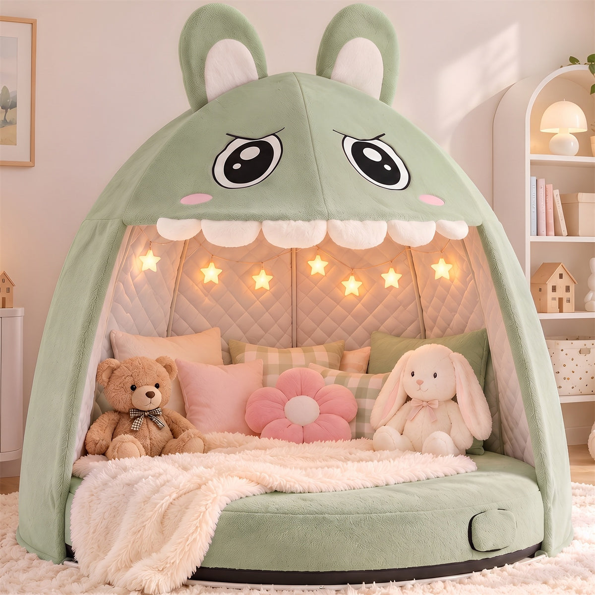 Green monster air bed with an open play tent