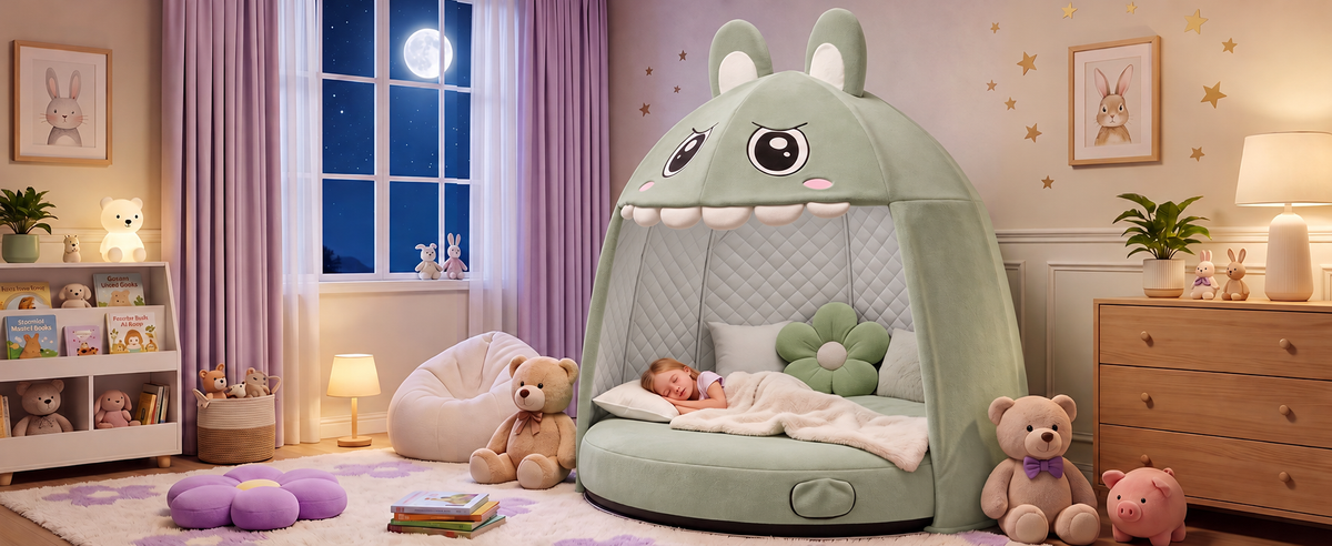 A spacious green monster air bed and play tent styled in a child's bedroom